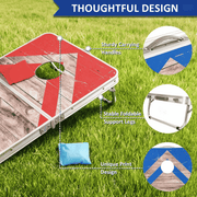 A cornhole board set on green grass with feature callouts and circular detail insets. The board has a red and white chevron pattern over a faux woodgrain print, with a blue bean bag nearby.
