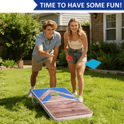 Two people playing cornhole on a lawn in front of a house, with a blue banner at the top reading 'TIME TO HAVE SOME FUN!'.