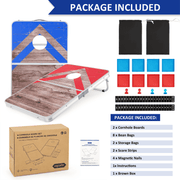 Cornhole board game package set shown on a white background with a large 'PACKAGE INCLUDED' banner. The set includes two wooden cornhole boards with blue and red wood-grain designs, four black storage bags, colored pegs, score strips, magnetic nails, instructions, and a brown cardboard box.