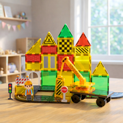 Magnetic Building Tiles Road Set with Mobile Crane for Kids Ages 4-8